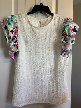 Boutique White Textured Top with Colorful Puff Sleeves